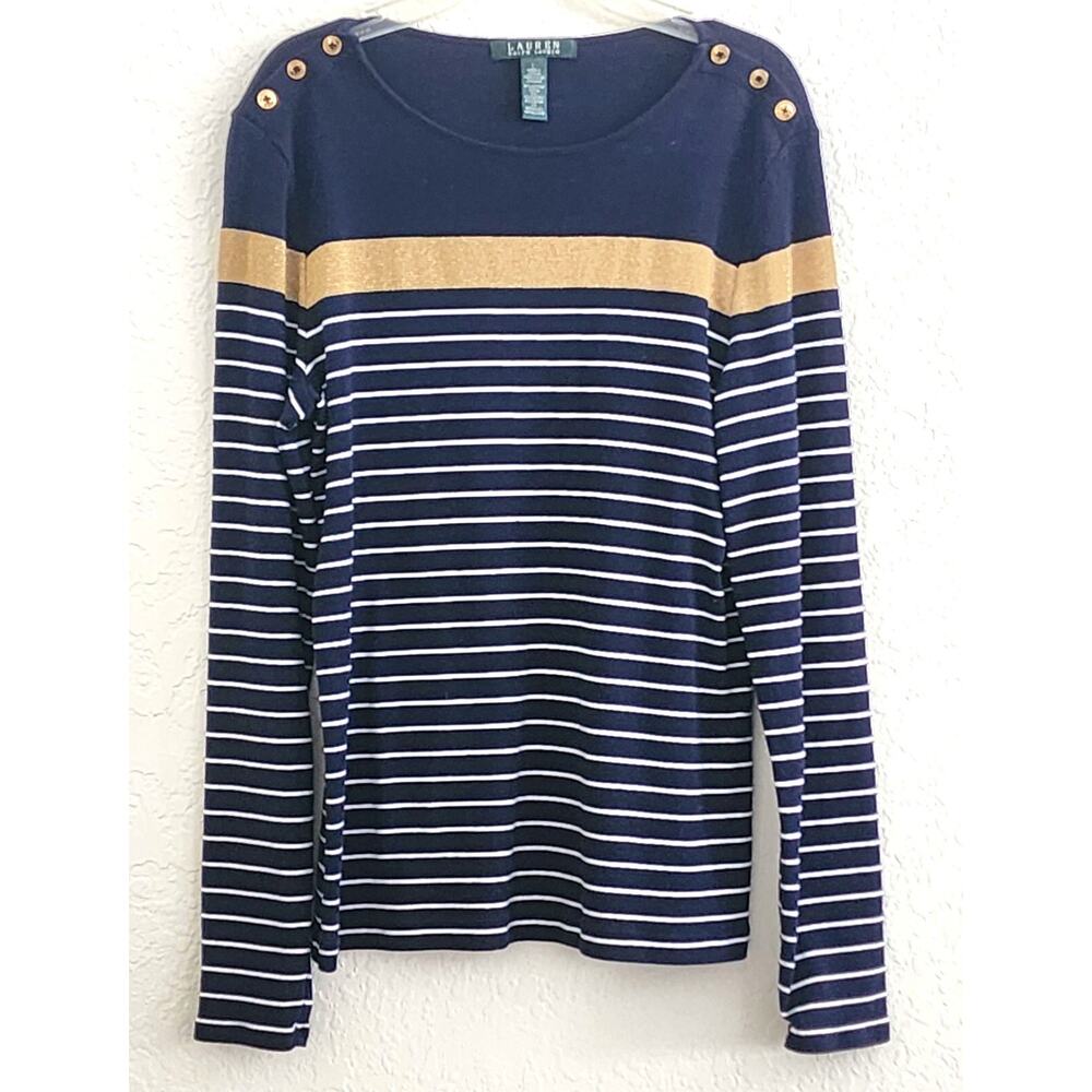 Sweater/Knit-Lauren-Ralph Lauren-Navy Blue White Strip-Gold Metallic-Size LRG